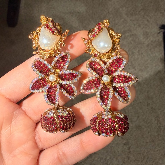 Turkish Elegant Gold and Red Floral Drop pearl Earrings - Picture 4 of 4